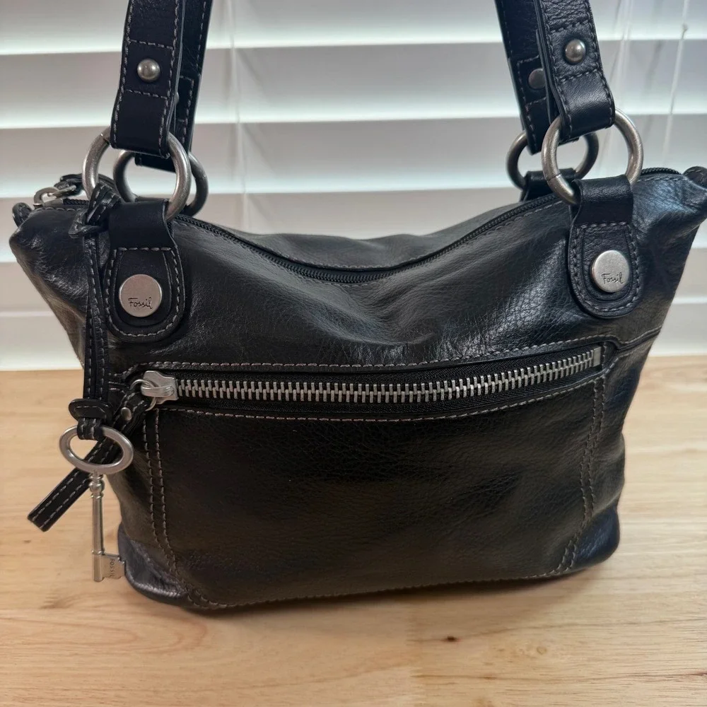 VTG 1954 Fossil Long Live Black Faux Leather Zip Double Handle Satchel Handbag